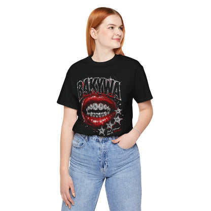 BAKYWA Lip Grill Graphic Tee Red Glitter Lips &amp; Stars Shirt