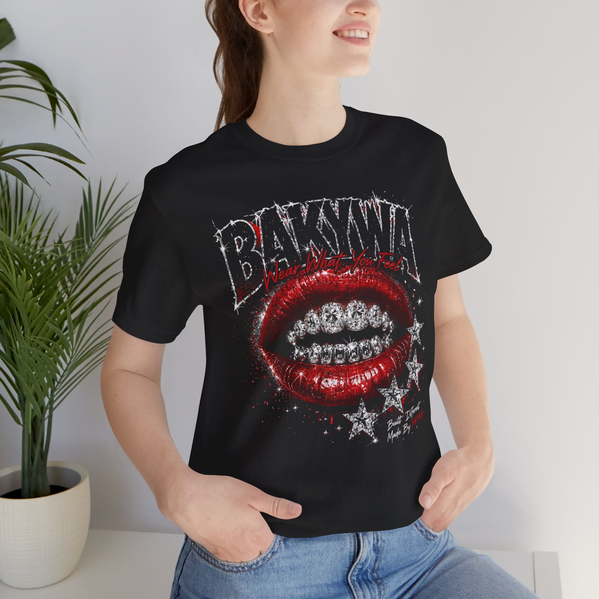 BAKYWA Lip Grill Graphic Tee Red Glitter Lips &amp; Stars Shirt