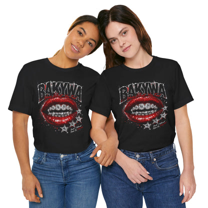 BAKYWA Lip Grill Graphic Tee Red Glitter Lips &amp; Stars Shirt
