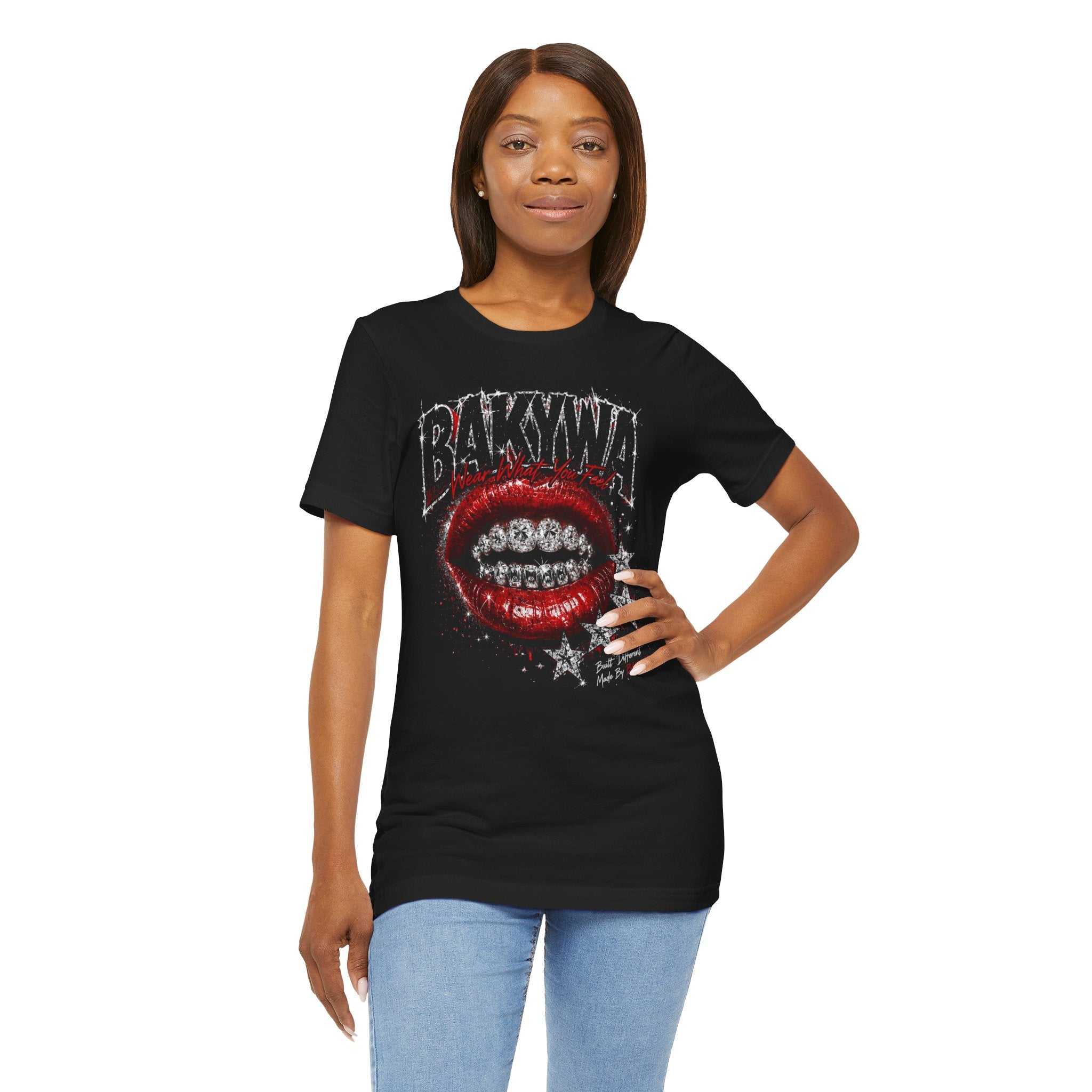 BAKYWA Lip Grill Graphic Tee Red Glitter Lips &amp; Stars Shirt